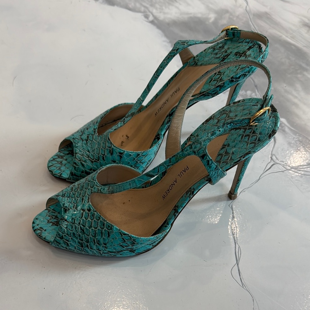 Paul Andrew Teal Snake Print Women's Heels